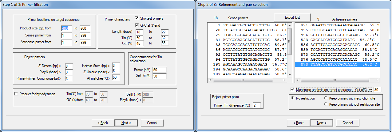 DNAMAN PCR primer interface